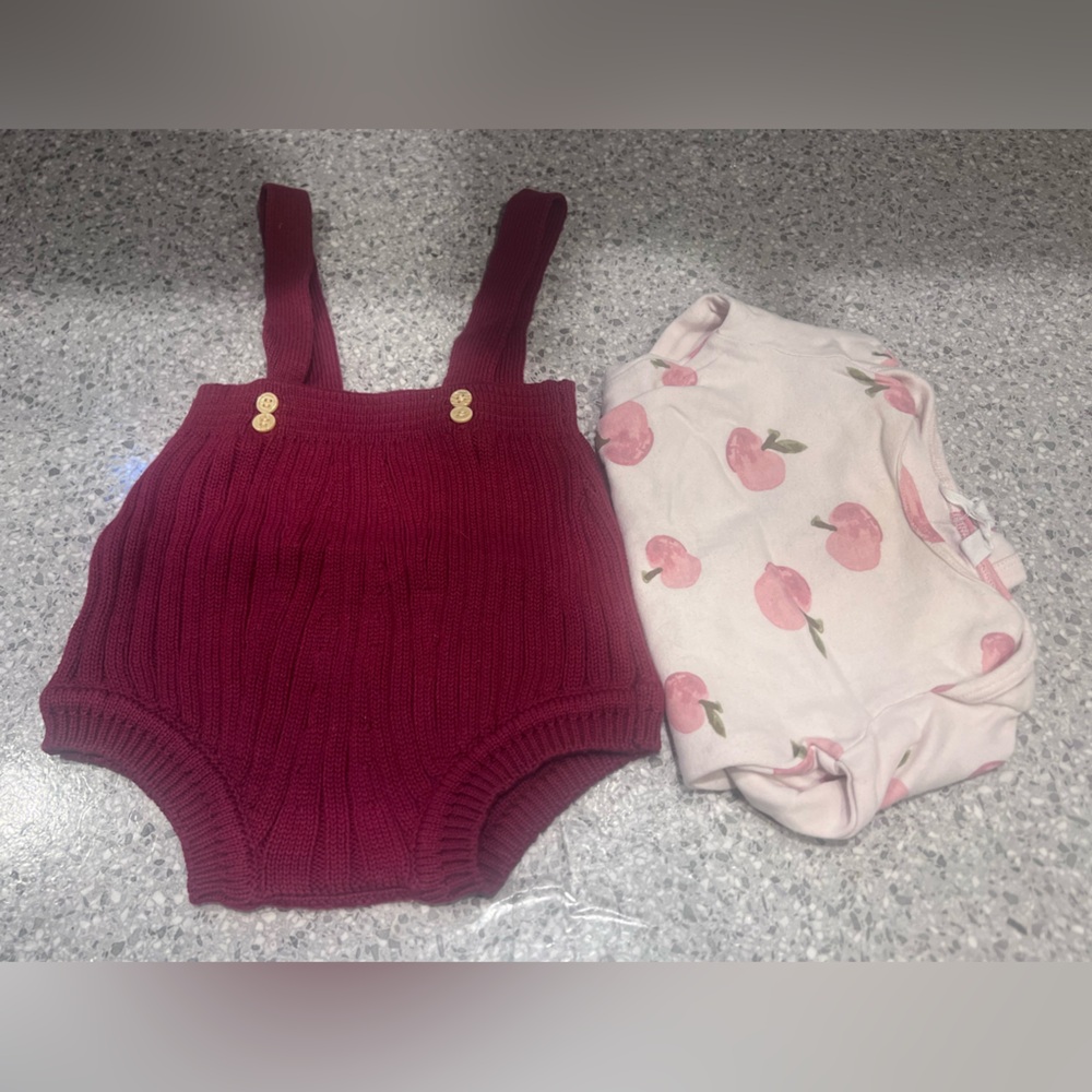 Very sweet Apple Burgundy Knit Suspender Romper with Apple Bodysuit